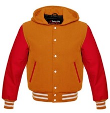 Men's Wool Baseball Varsity Hoodie Genuine Cowhide Leather Sleeves