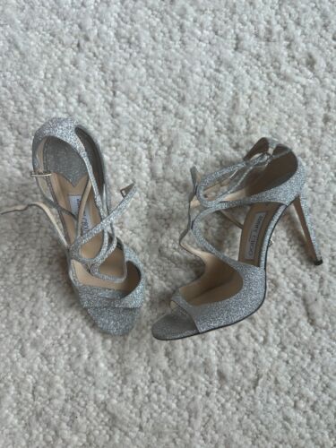 Jimmy Choo Lance Sandals Platinum Ice Dusty Glitter Stilettos Size 41 Silver - Picture 2 of 6