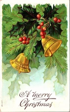 Postcard A Merry Christmas Embossed Gold Bells with Holly and Berries