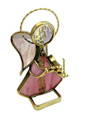 Angel Stained Glass Standing Pink Crystal Ornament Decor Signed Handmade Vintage