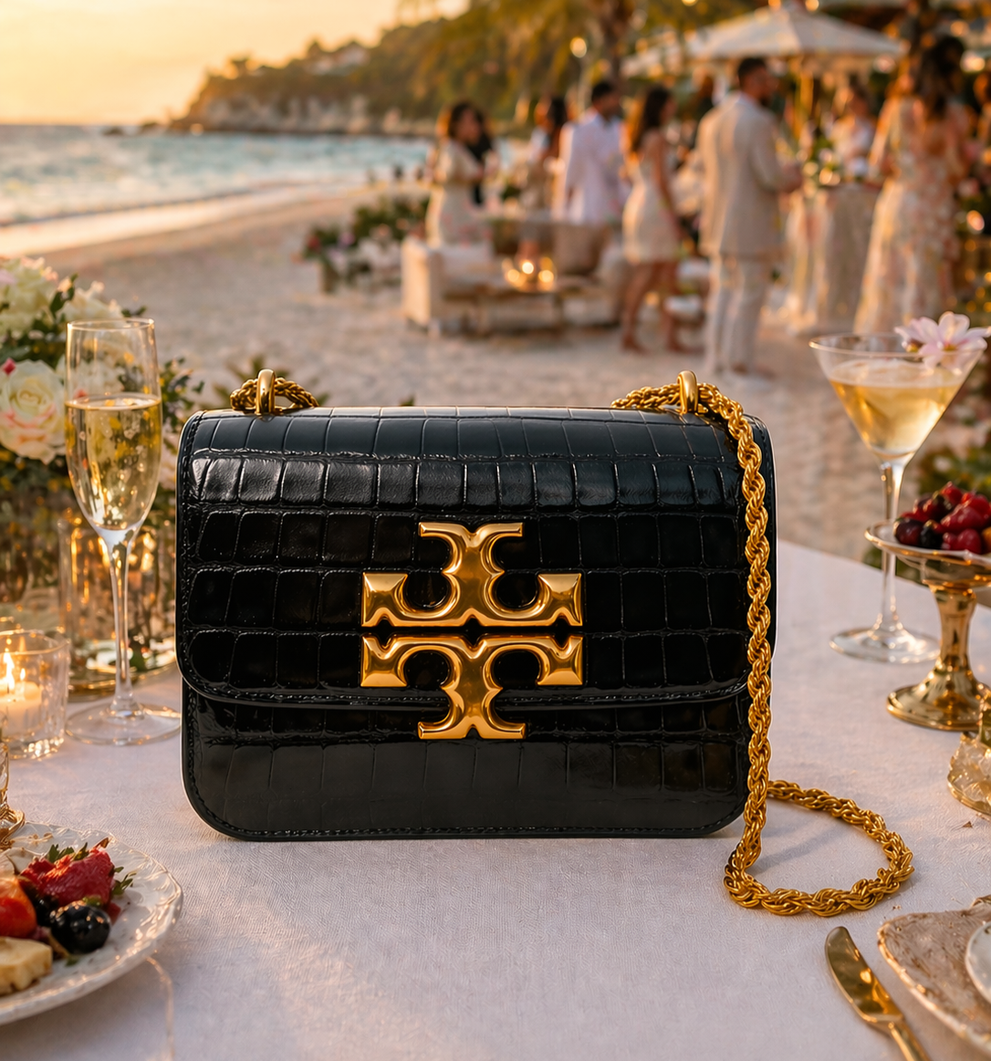 NEW Tory Burch Eleanor Black/Rolled Gold Embossed Small