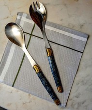 Laguiole Jean Dubost Salad Set  Vtg MCM France Spoon Fork Stainless Black READ!
