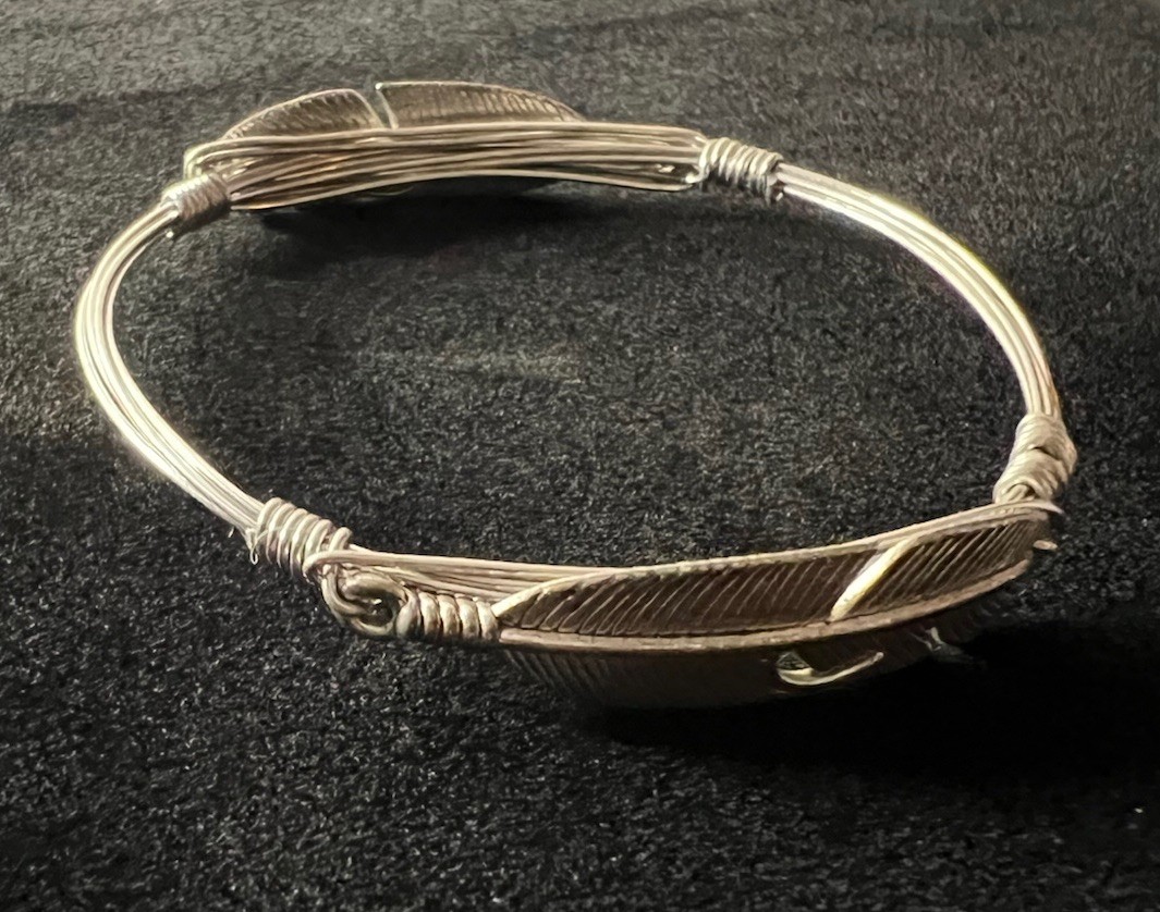 Silvertone Wire Wrap Double Feather Bangle Bracel… - image 1