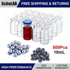 500pcs 10mL Borosilicate Glass Crimp Top Vials, w/ Aluminum Caps Rubber Stoppers