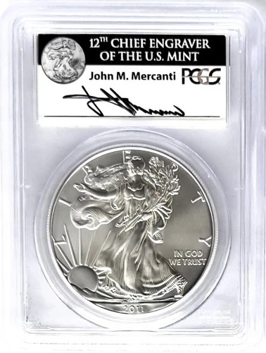 2011 SILVER EAGLE FROM 25TH ANNIVERSARY SET PCGS MS70 JOHN MERCANTI DOLLAR LABEL