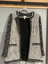 Chicos Size 2 Large Tweed Blazer Open Front Boucle Fringe Studs Black White LC