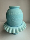 Vntg Fenton | Blue Satin Glass | Rose Persian Medallion Fairy Lamp | 2 Pc Set