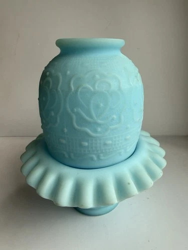 Vntg Fenton | Blue Satin Glass | Rose Persian Medallion Fairy Lamp | 2 Pc Set