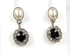 Vtg Old Black Glass Halo Rhinestone & Faux Pearl Dangle Earrings Sterling Silver