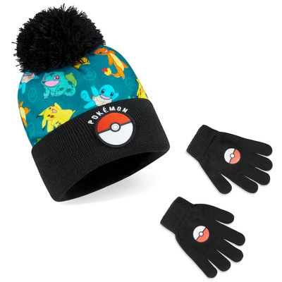 POKÈMON Pokemon Kids Boys Knitted Beanie and Glove Set Winter Warm Cosy Comfy Gift