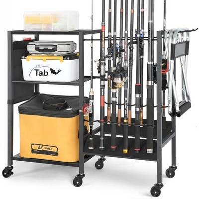Rolling Fishing Rod Holder for Garage, 12 Fishing Pole Rack with Tackle Storage
