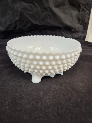 Large 8.25” VTG Fenton Milk Glass Scalloped Edge Hobnail 3 Footed Bowl 3724