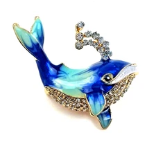 Whale brooch shades of blue enamel on gold tone metal Gift Boutonniere Brooches
