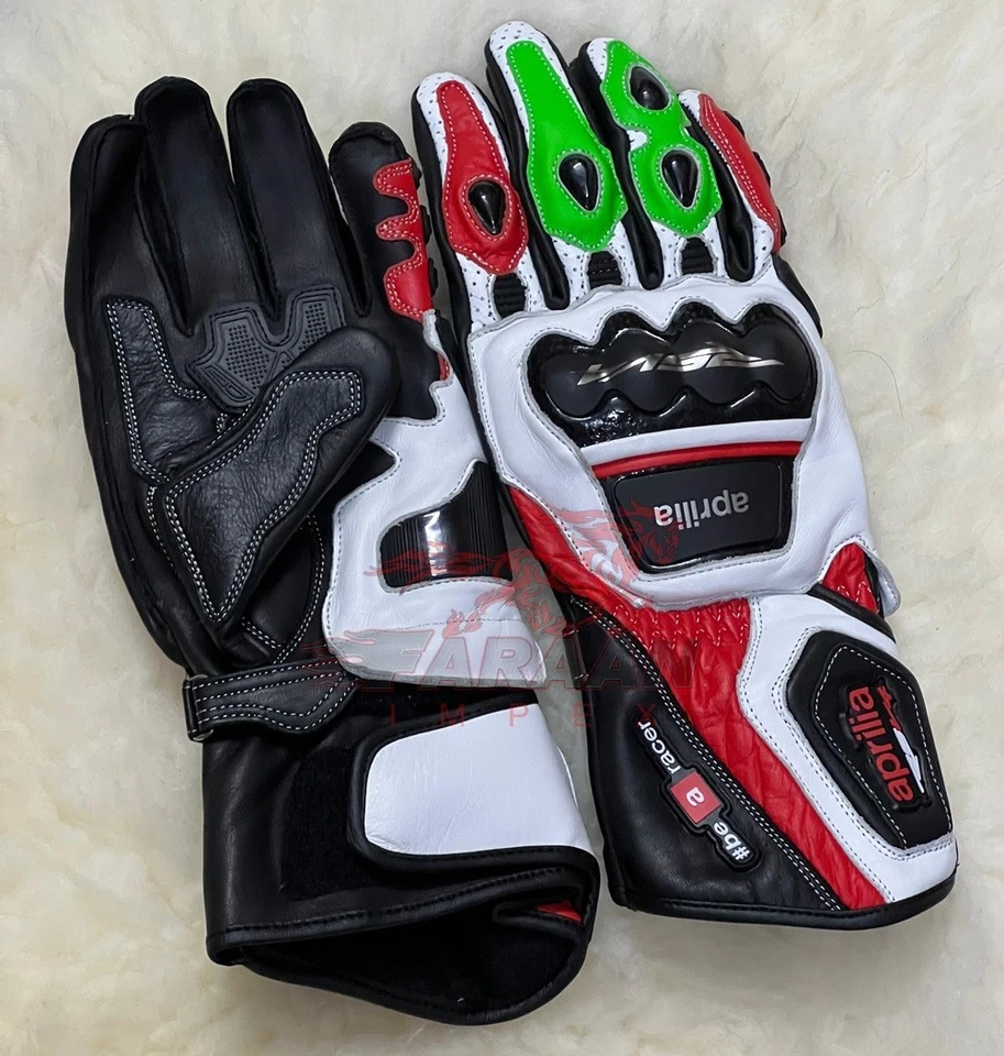 Aprilia RSV4 Be a Racer Guantes Rojo Blanco Verde Cuero Moto Racing Gear - Imagen 2 de 4
