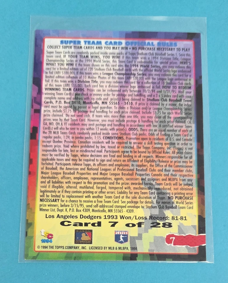 1994 Stadium Club Super Teams #7 Mike Piazza LA Dodgers BASEBALL Card I2 - Image 2 of 2