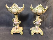 Paire anciens biscuits centre de table angelots vide poche nacré statue 19ème