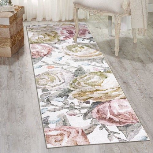 Rose Pastel Pink Hallway Runner Non Slip Corridor Rug Washable Mat 80x300cm - Picture 2 of 10