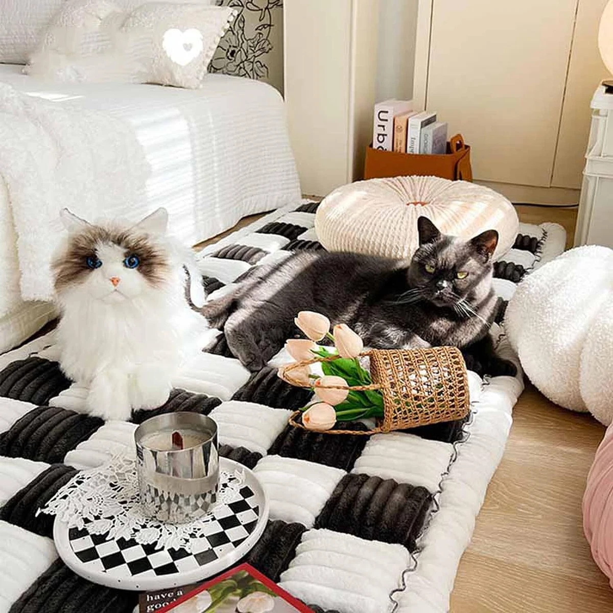 Cream-coloured Large Plaid Square Fuzzy Pet Dog Mat Bed Couch