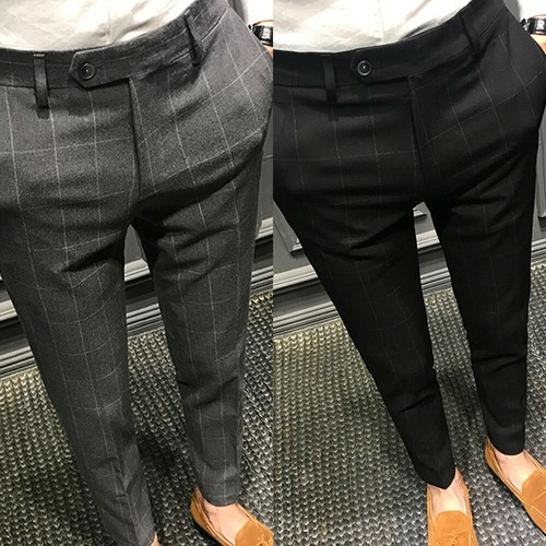 Mens Plaid Slim Fit Pencil Pants Formal 