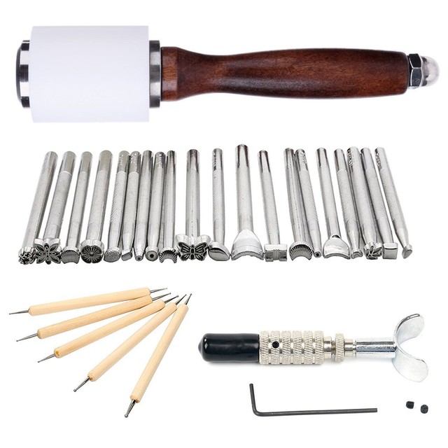 25pcs Manual Leather Carving Stamp Hammer Embossing Beveler Tools