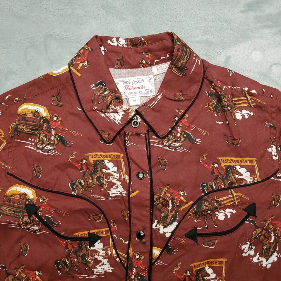 Camisa Panhandle Mujer M Granate Sonrisa Bolsillo Yugo Perla Snap Vaquero Occidental Foto 3 de 4