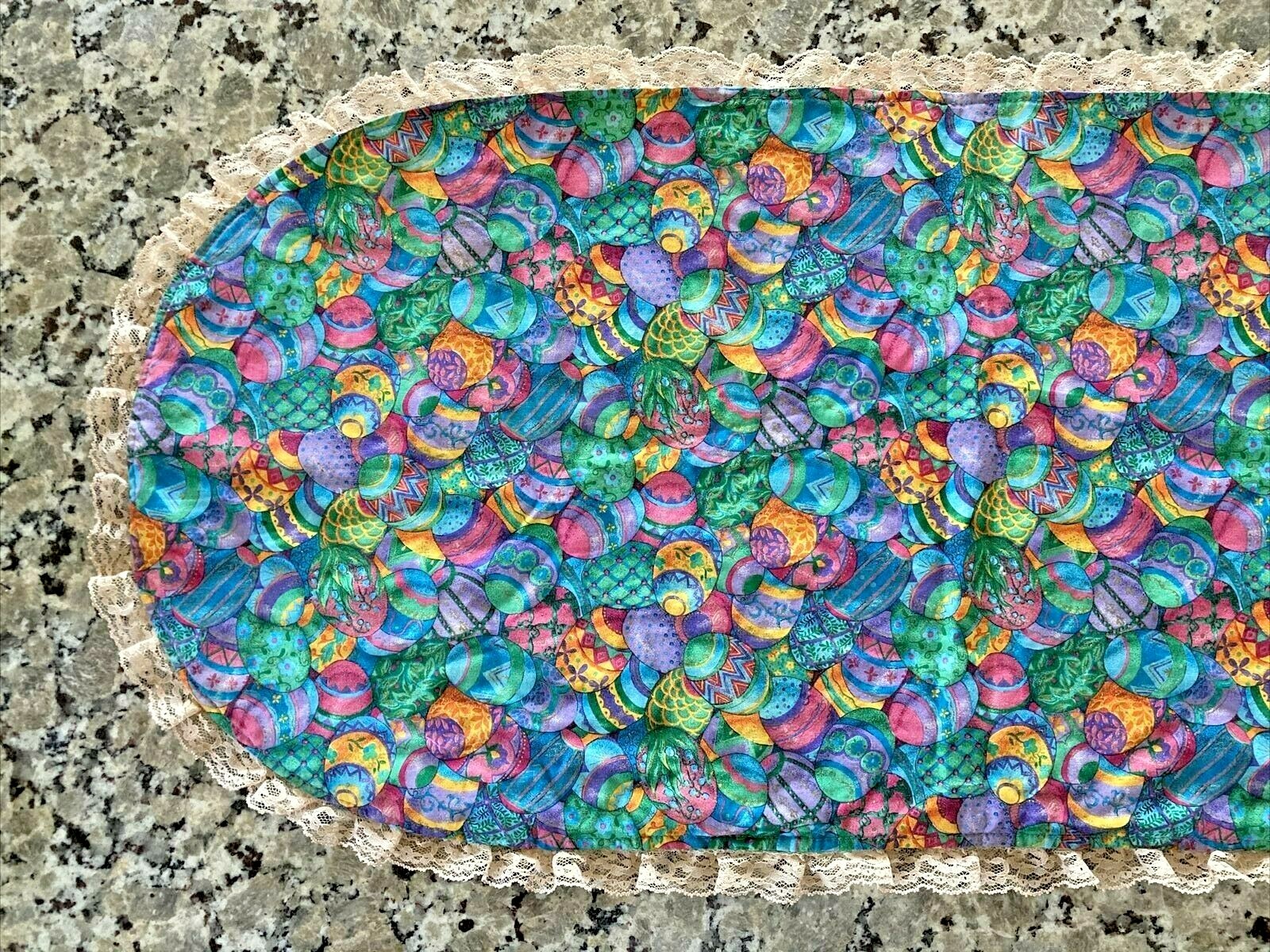 Vintage Reversible Christmas and Easter Table Runner Oval with Lace