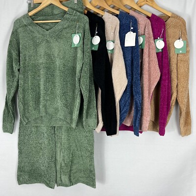 Womens Chenille 2pcs V Neck Top Wide Leg Bottoms Ladies Co-ord Loungewear  Set UK