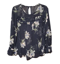 Pleione S Top Women's Blue Gray Ruffle Sheer Floral  Blouse Long Sleeve