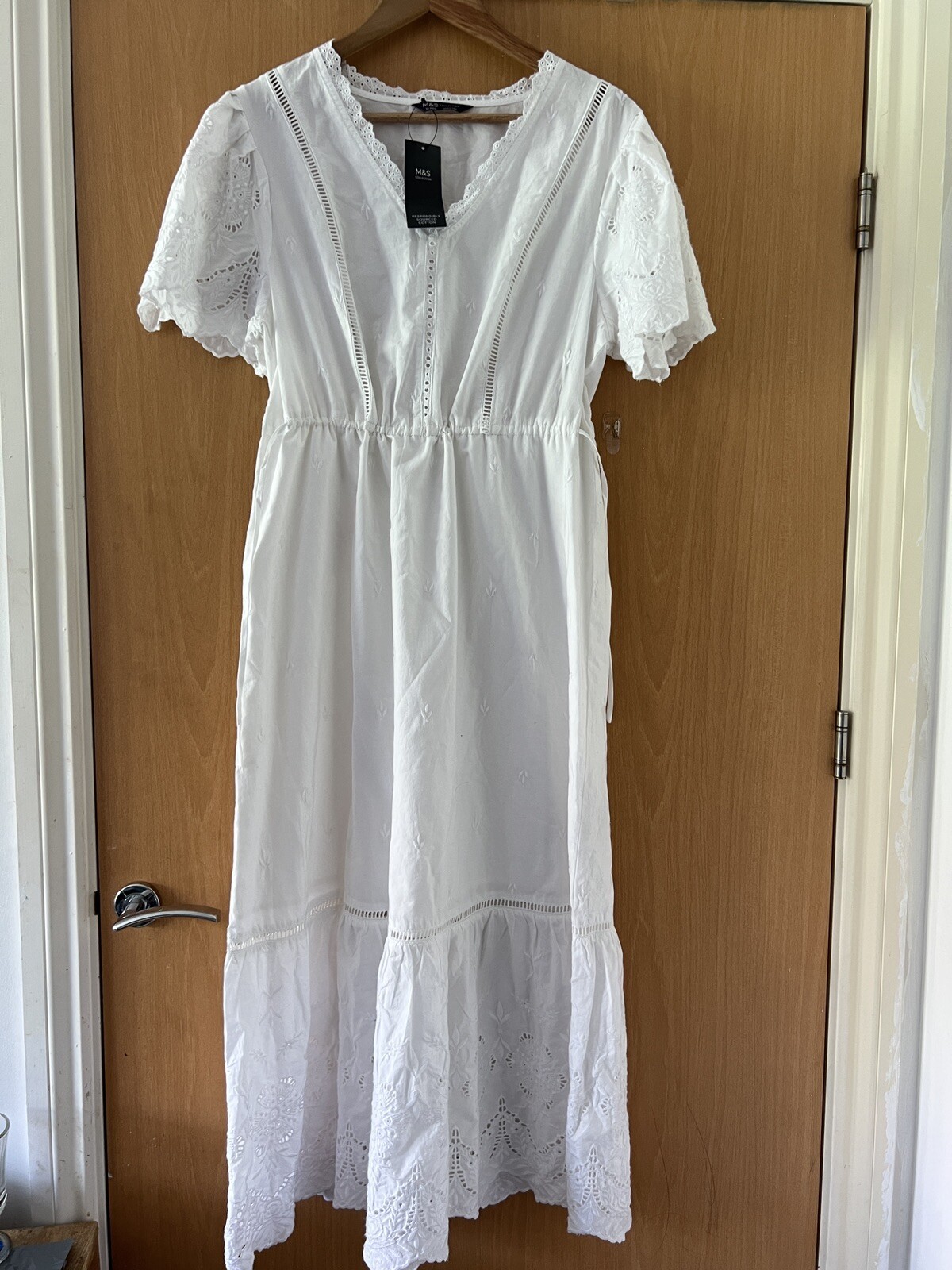 Marks & Spencer M&S Pure Cotton White Broderie V-Neck Midi Dress in Size 10 for £79 - Timeless Elegance