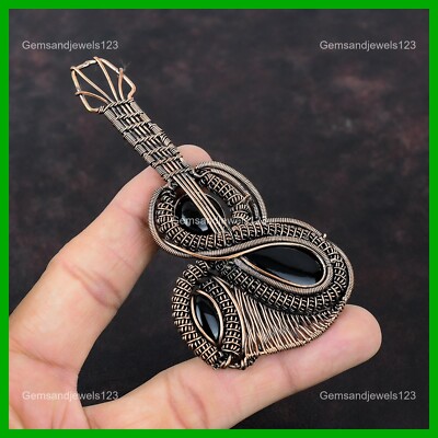 Womens day Sale Root Chakra Black Onyx Stone Copper Wire Wrapped Guitar Pendant