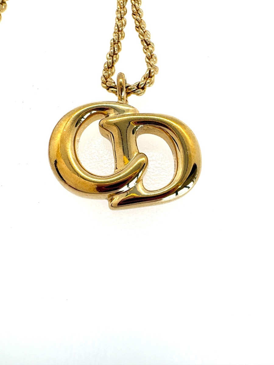 Auth Christian Dior Large CD Logo Vintage Rope Necklace Gold Box