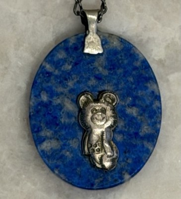 1980 Moscow Olympics Pendant w/ Chain Of Mishka Bear Mascot on Lapis Lazula
