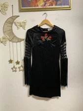 Vtg Floral embroidered dress fringe sleeves Young Edwardian Arpejia Womens Black