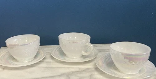 Set of 3 Vintage Federal Glass Moonglow Iridescent Tea Cups and Saucers
