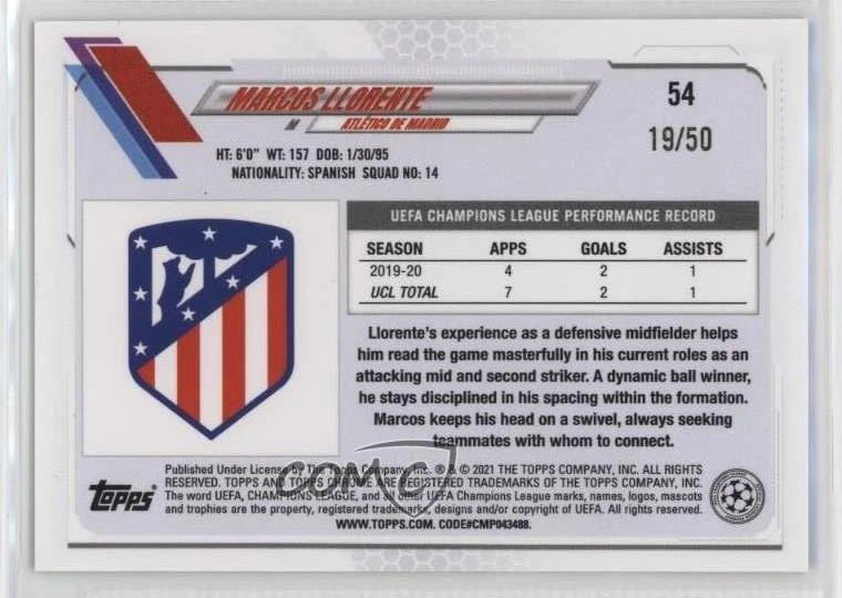 2020-21 Topps Chrome UCL Gold Refractor /50 Marcos Llorente #54 - Image 2 of 2