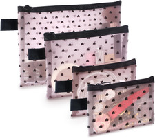 4-Piece Heart Printed Mesh Makeup Bag Set, Portable Travel Mesh Cosmetic Bags To