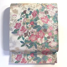 Obi 5k2413 FUKURO OBI Silk Genuine Gold Leaf Kuhyaku Nishiki White Silver Pink