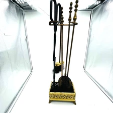 VTG Brass Fireplace Tool Set 5 Pc Detailed Feet Floral Reticulated Basket