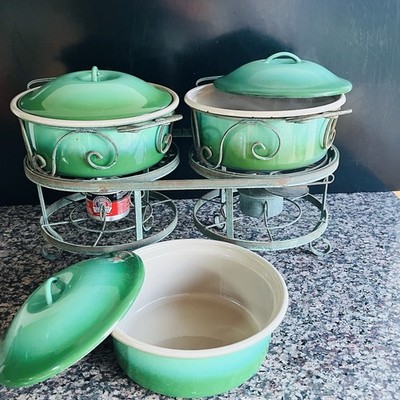 MCM Double Chafing Dish in Atomic Green Ombre Enamelware + Bonus 3rd Pot!