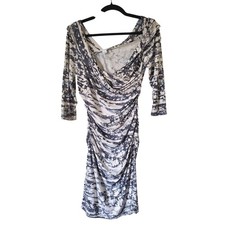 Diane von Furstenberg DVF Grey White Silk Jersey Ruched Dress 12 Sheath Gathered