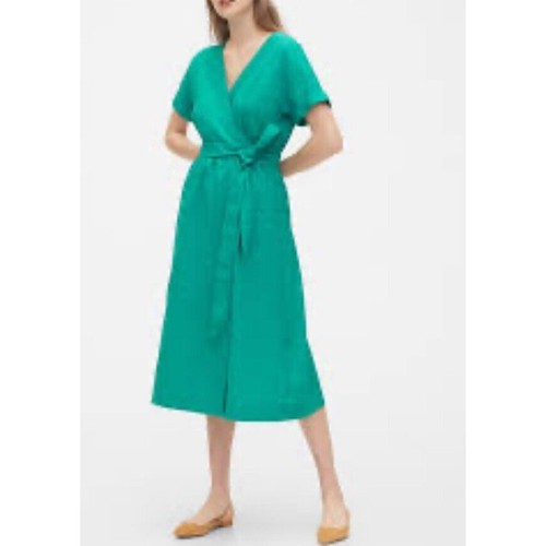 Gap Womens Size 6 Turquoise Linen Cotton Wrap Midi Dress Short Sleeve New