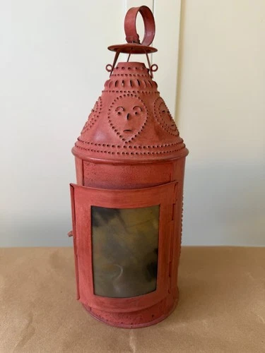 Vintage HammerSong B Cukla Punched Tin Lantern Signed Folk Art Primitive Revere