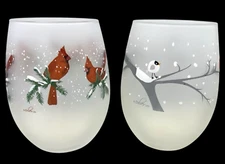 Culver Cardinal Wine Glasses Frosted Roly Poly Winter Christmas Holiday Vintage