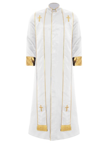 UK Men Clergy Robes Priest Vestment Church Pope Gold Cross Pulpit Cassock +Stole - Picture 76 of 105
