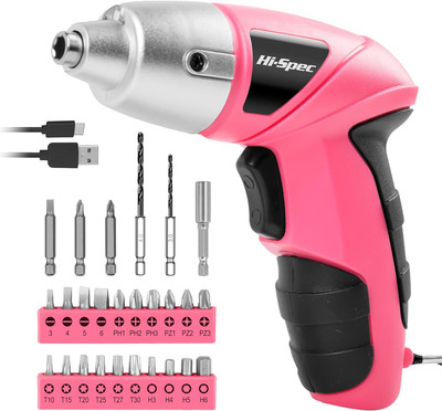 Power Tools Pink USB Rechargeable Electric Screwdriver - 23 Bits, Hand Tools
