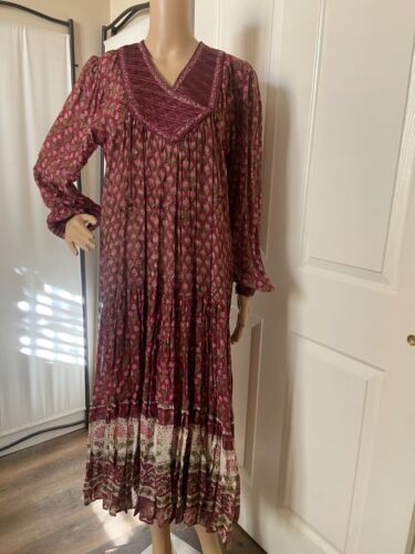 EUC vtg 70's India burgundy cotton gauve festival hippie dress quilt accents