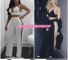 New Women Two-Piece Beading Cut Out Bodysuit  Slim Party Club Jumpsuit #C