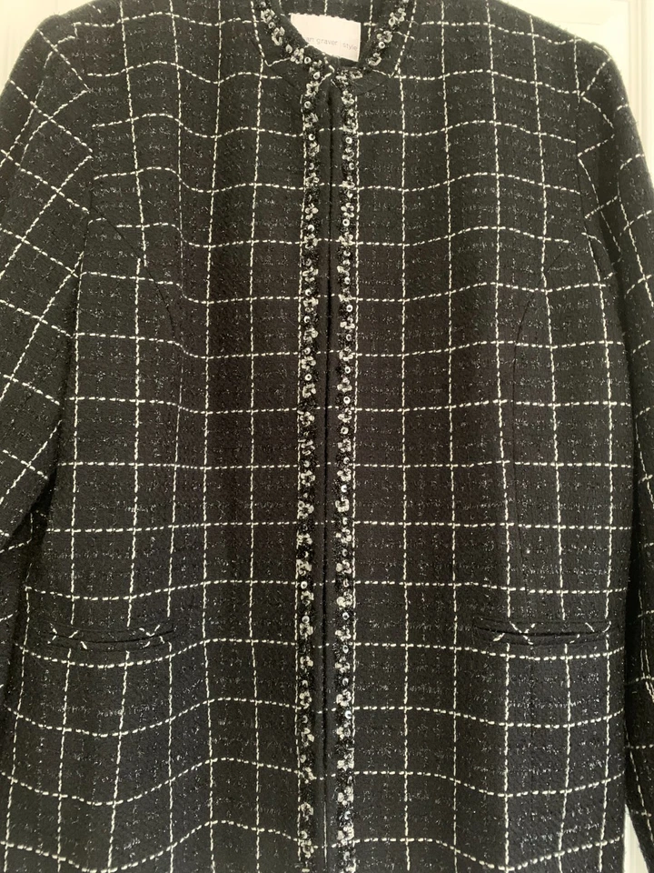Blazer Susan Graver para mujer talla XL negro blanco a cuadros manga larga lentejuelas brillante Foto 3 de 4