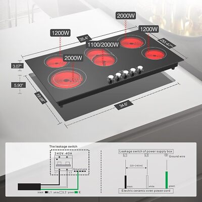 Electric Cooktop 36 in Built-in 5 Burner Electric Stove Top Knob Control 220V