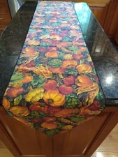 VINTAGE AUTUMN TABLE RUNNER~PUMPKINS/CORN/VEGGIES~14" X 68"~BLACK/ORANGE/GREEN